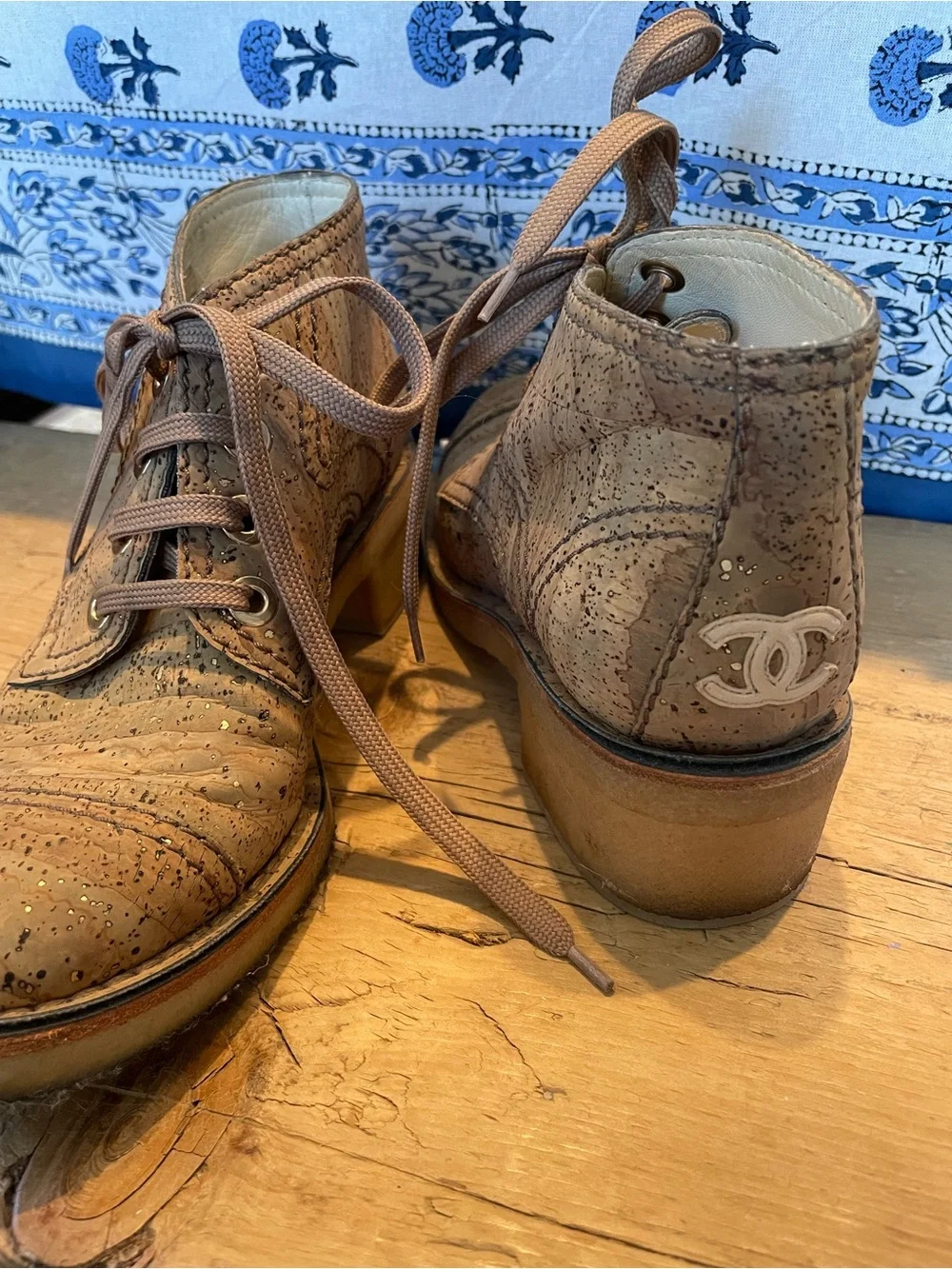 CHANEL Tan Cork Lace-Up Ankle Boots